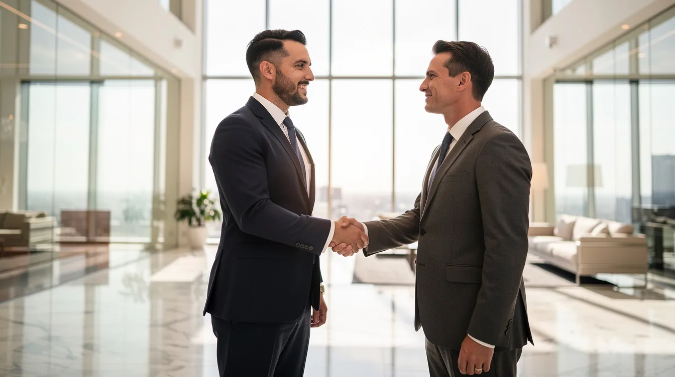 The image depicts two professionals in a modern corporate setting, shaking hands with confidence, symbolizing a partnership in executive leadership coaching. This scene reflects the importance of collaboration among senior leaders to address leadership challenges and drive organizational transformation.