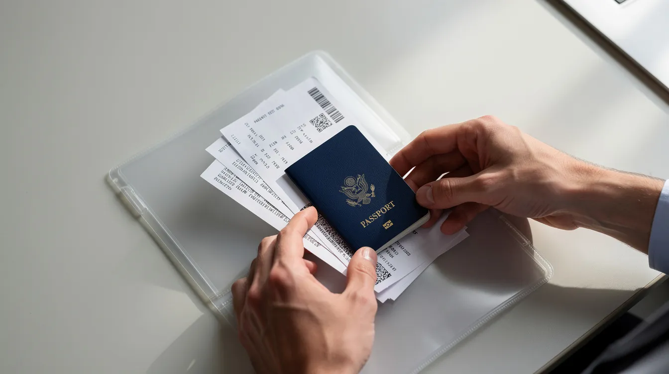 A close-up image shows hands carefully placing a passport and printed documents into a clear folder, likely related to the visa application process for the United Kingdom at a visa application centre. The scene emphasizes the importance of organization during the submission of important documents.