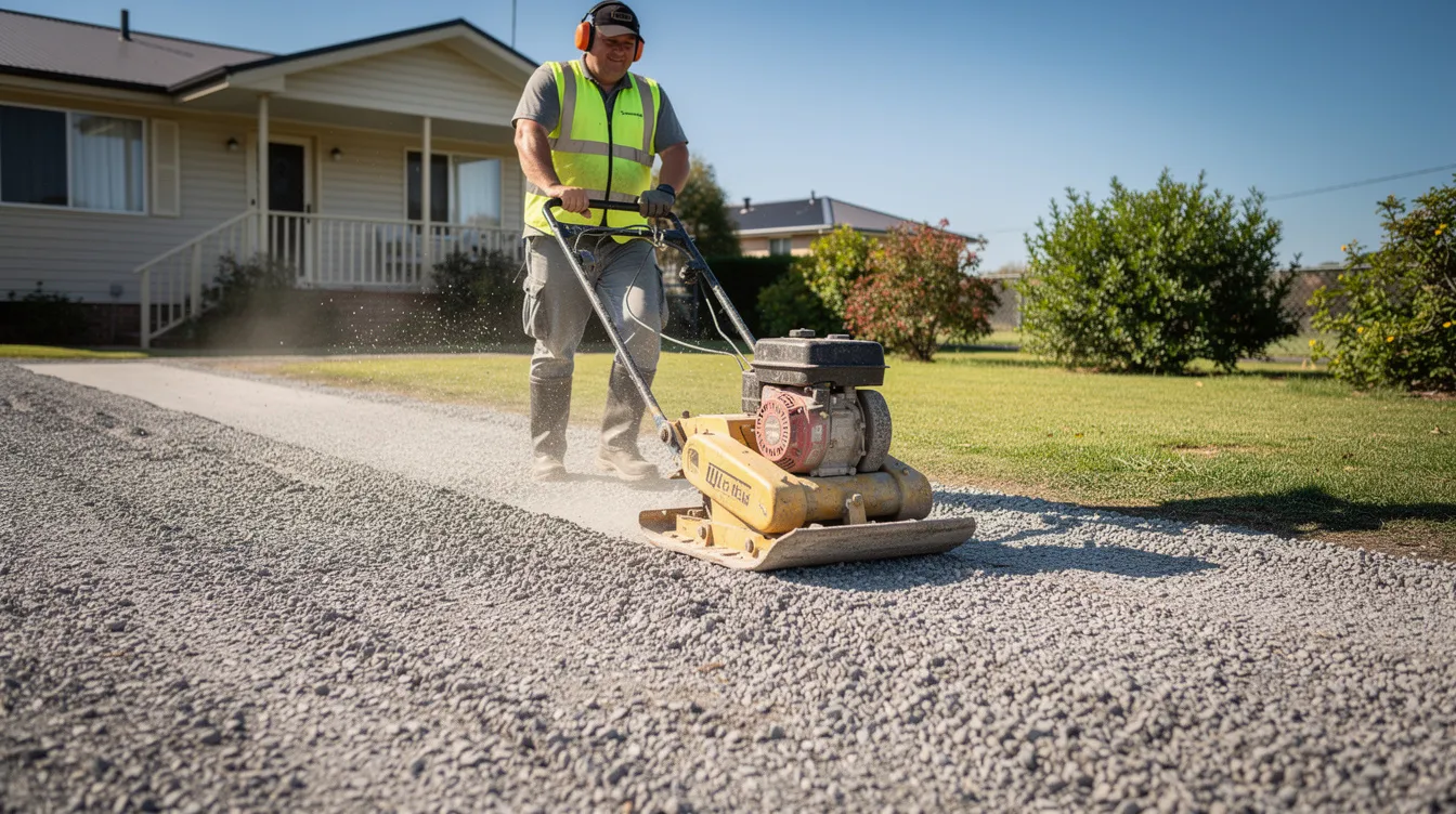 The image shows a residential gravel driveway being compacted with a vibrating plate compactor on a sunny day, highlighting the fine particles of crushed stone and gravel that create a solid surface for vehicles. The scene captures the process of compaction, essential for ensuring durability and proper drainage in driveways.