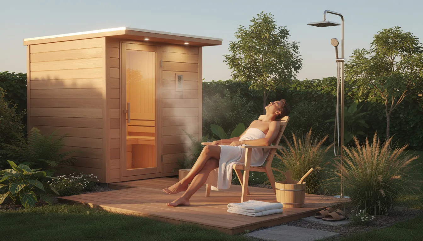 A person is relaxing on a wooden bench outside a cedar sauna, surrounded by a peaceful backyard setting. The sauna features a glass front and curved roof, emphasizing both aesthetic appeal and efficient heat distribution for a perfect relaxation experience.