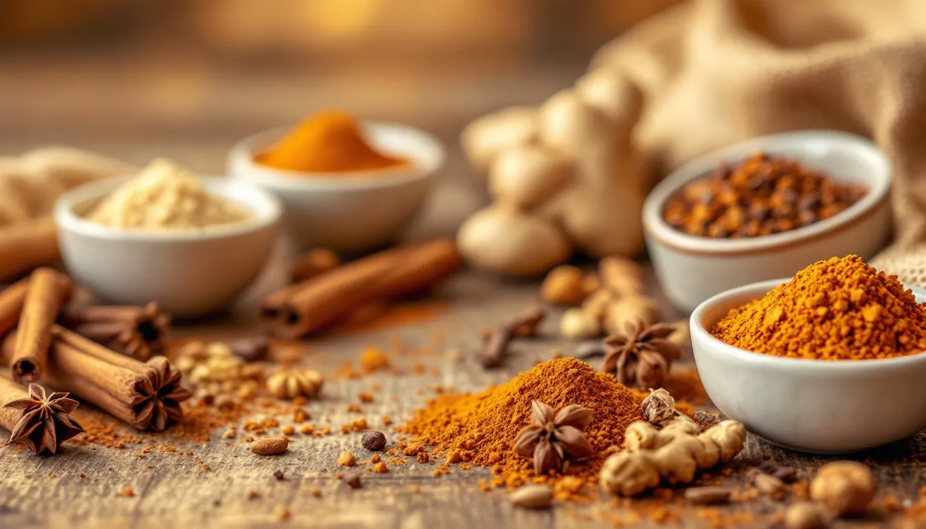 A variety of ground spices like cinnamon and ginger used in autumn recipes.