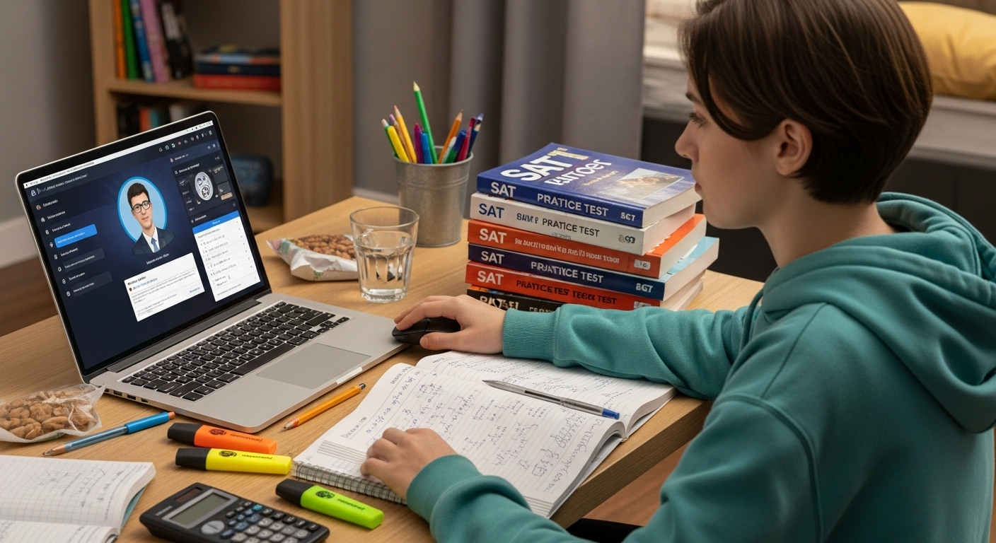 High school student studying for SAT and ACT using AI tutoring software alongside traditional practice tests