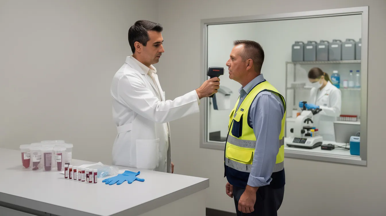CSA Score Before Roadcheck: The image represents a comprehensive overview of an Alcohol Testing Program and Controlled Substances Compliance, highlighting key elements such as federal safety regulations, drug and alcohol testing, and compliance reviews essential for maintaining fleet safety and regulatory adherence. It emphasizes the importance of proactive safety culture and proper documentation to avoid safety violations and ensure a compliant operation.