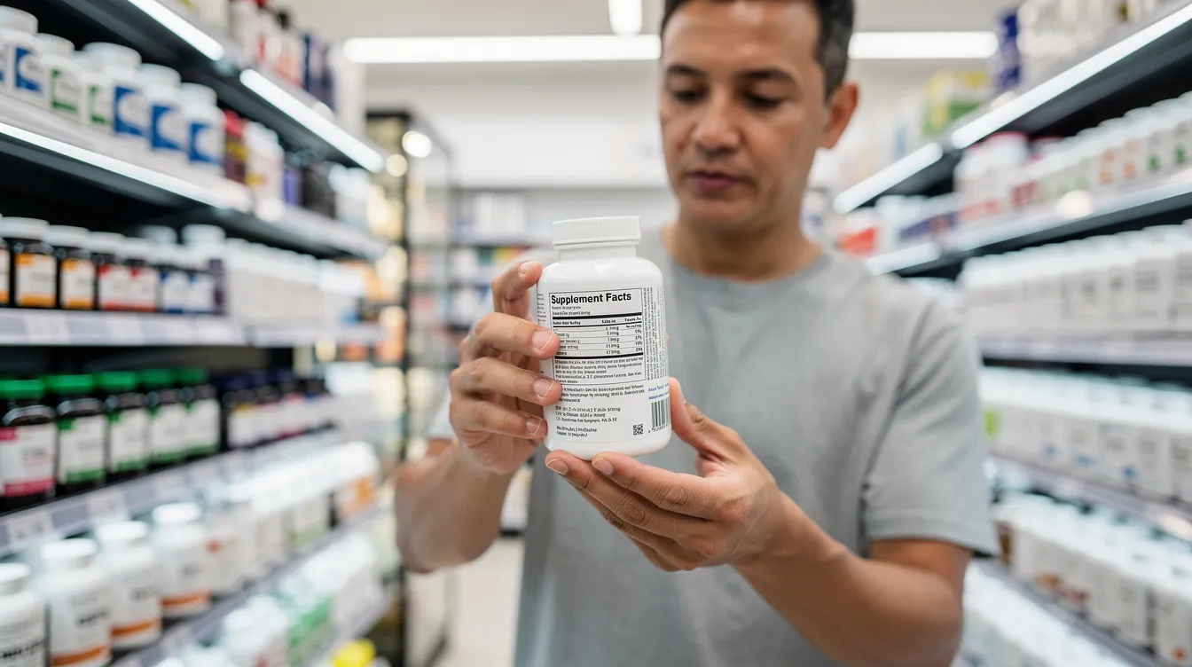 A person is seen in a retail setting, carefully reviewing the labels of various supplement bottles, focusing on key ingredients like NMN, hyaluronic acid, and vitamin D, which support healthy aging and cellular health. The scene highlights the importance of informed choices in longevity supplements to enhance overall well-being and mitigate age-related decline.
