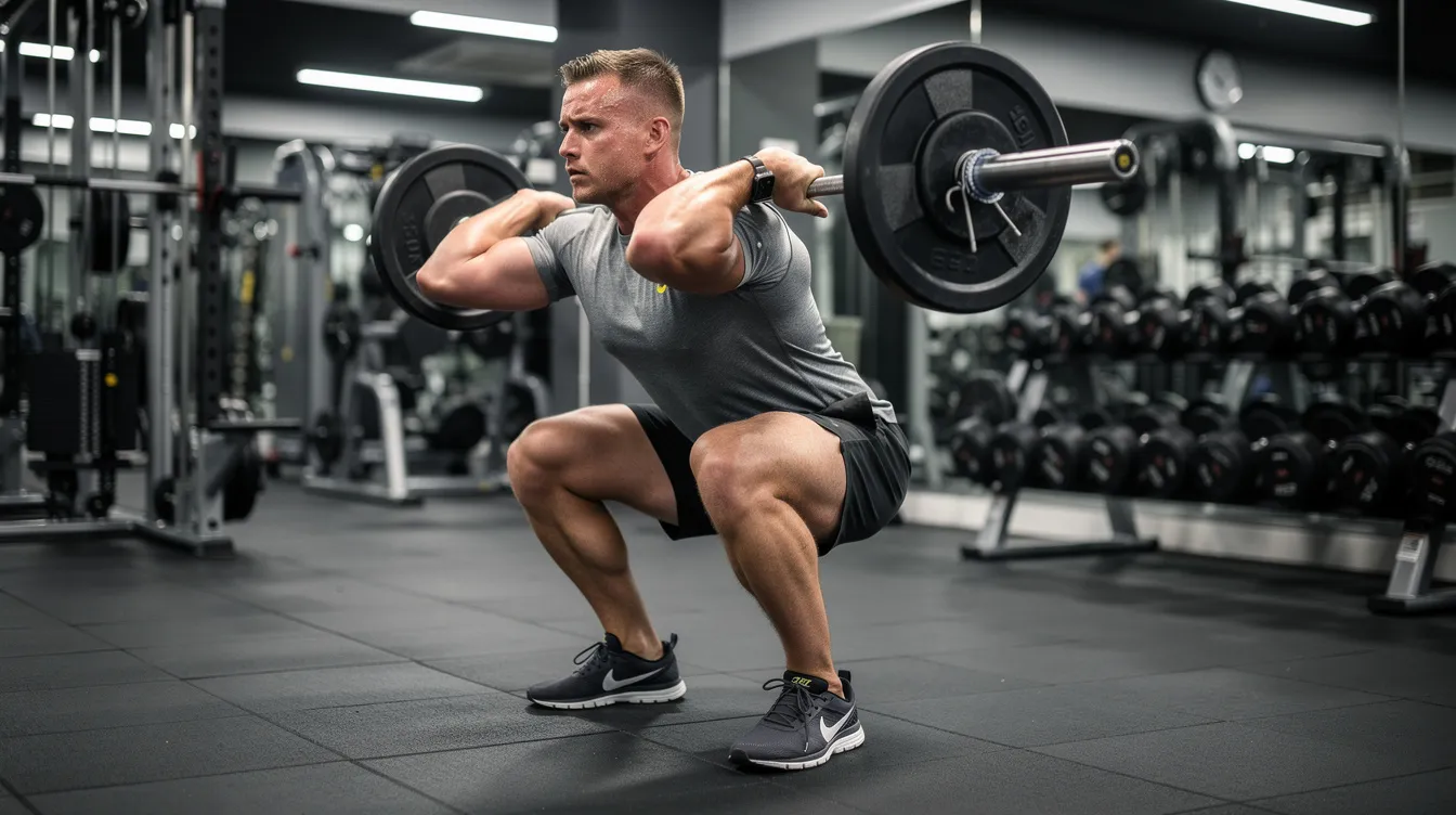 A man is performing barbell squats in a well-lit gym, focusing on building lean muscle mass and enhancing his physical performance. This exercise not only supports testosterone production but also contributes to improved energy levels and overall male vitality.