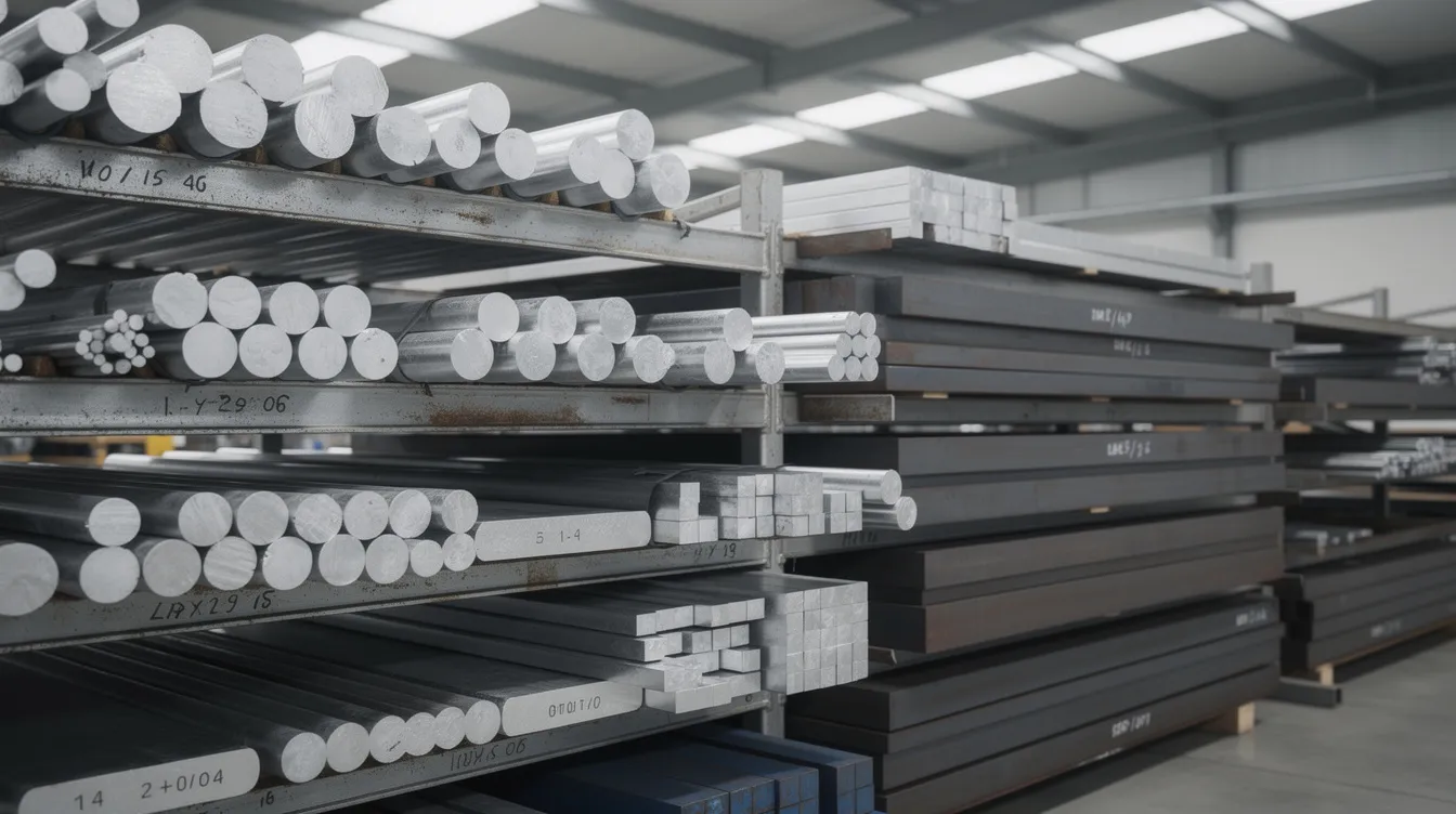 The image features a collection of various metal stock bars and billets neatly arranged on an industrial shelf, showcasing aluminum rounds and steel plates. This display highlights the essential materials used in cnc machining and manufacturing processes, emphasizing the importance of quality control and precision in creating high-quality parts.