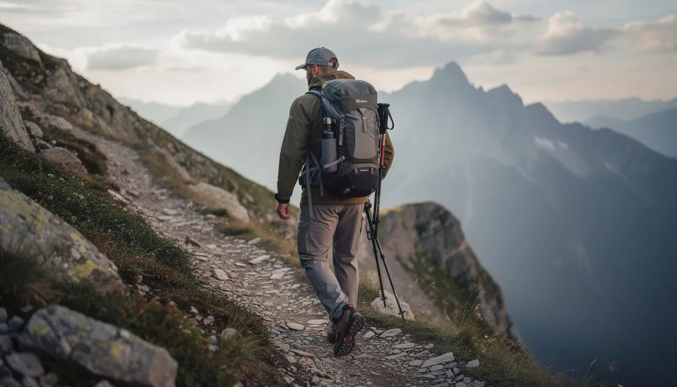 A person is hiking on a mountain trail, dressed in technical outdoor clothing made from synthetic fabrics like nylon and polyester, which provide superior abrasion resistance and moisture-wicking properties. They are carrying a backpack, ready for an adventure in nature while benefiting from the quick-drying and durable qualities of their outdoor gear.