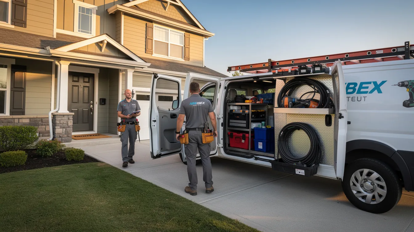 A professional service van is parked in a residential driveway, showcasing installation tools and supplies, while a technician approaches the front door of a suburban home, ready to provide home improvement services. This scene reflects the convenience of mobile franchises that cater to local markets and meet consumer needs.