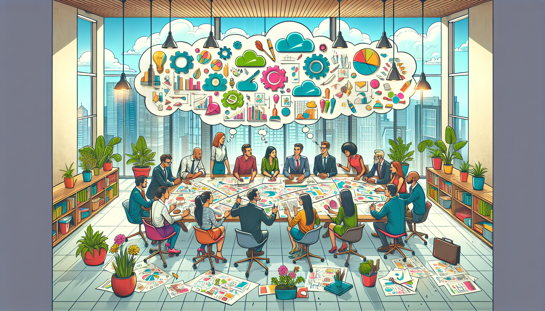 An illustration of a diverse group of employees collaborating to build a strong company culture, symbolizing breaking down silos.