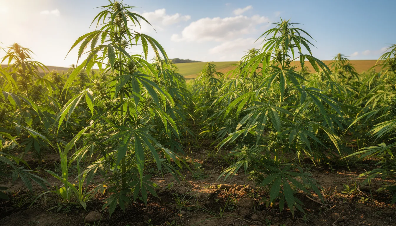 Auf dem Bild sind grüne Hanfpflanzen zu sehen, die in einem sonnigen Feld wachsen. Diese Pflanzen sind bekannt für ihre wertvollen Inhaltsstoffe, die unter anderem in CBD-Öl für Hunde verwendet werden, um das Wohlbefinden von Haustieren zu unterstützen.