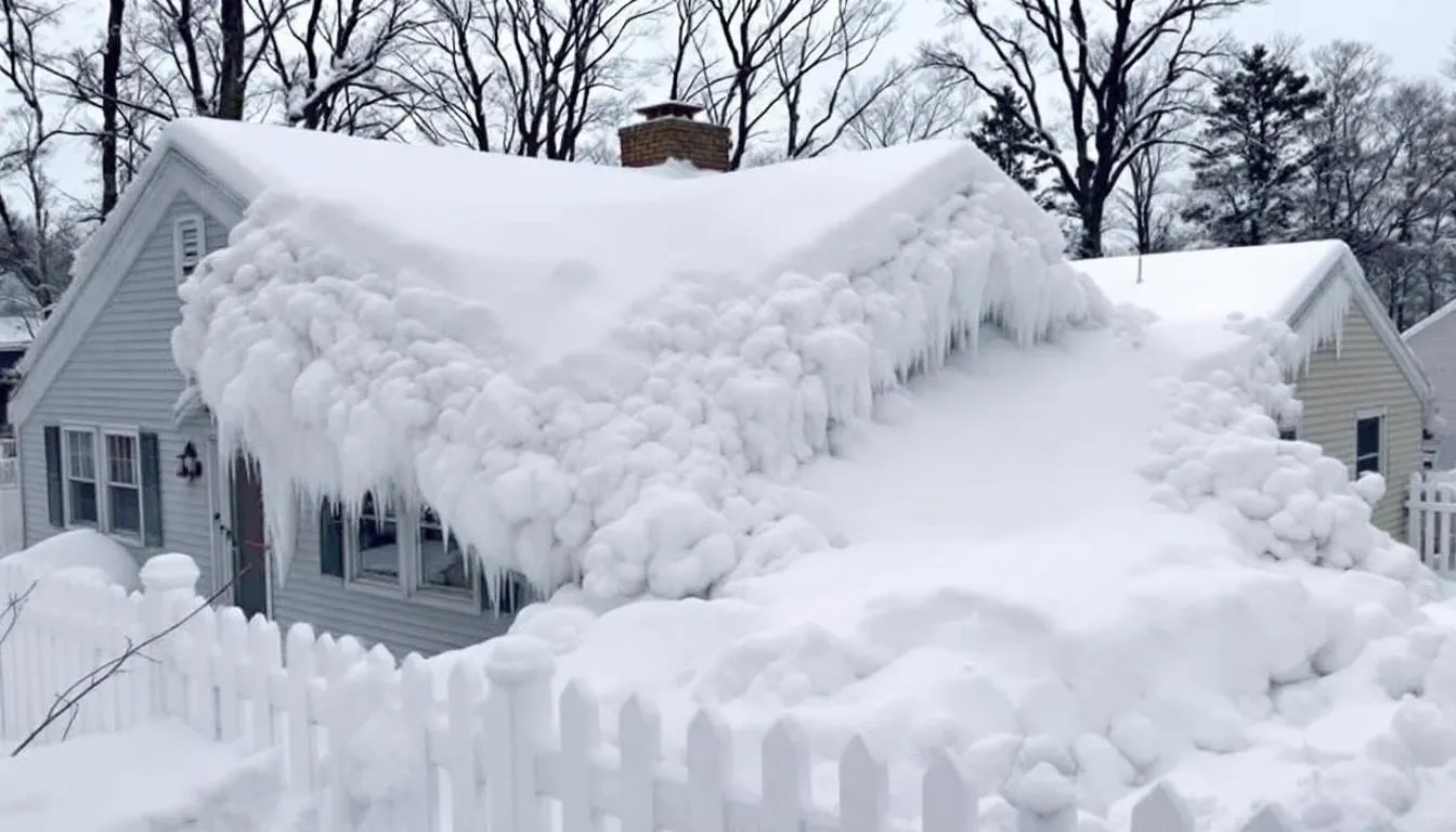 The image depicts a residential home on Long Island with significant snow and ice accumulation in the roof valley, showcasing the interaction between the valley shingles and the roof planes. The scene highlights the importance of proper roofing techniques to prevent ice dams and ensure effective drainage in the valley center.