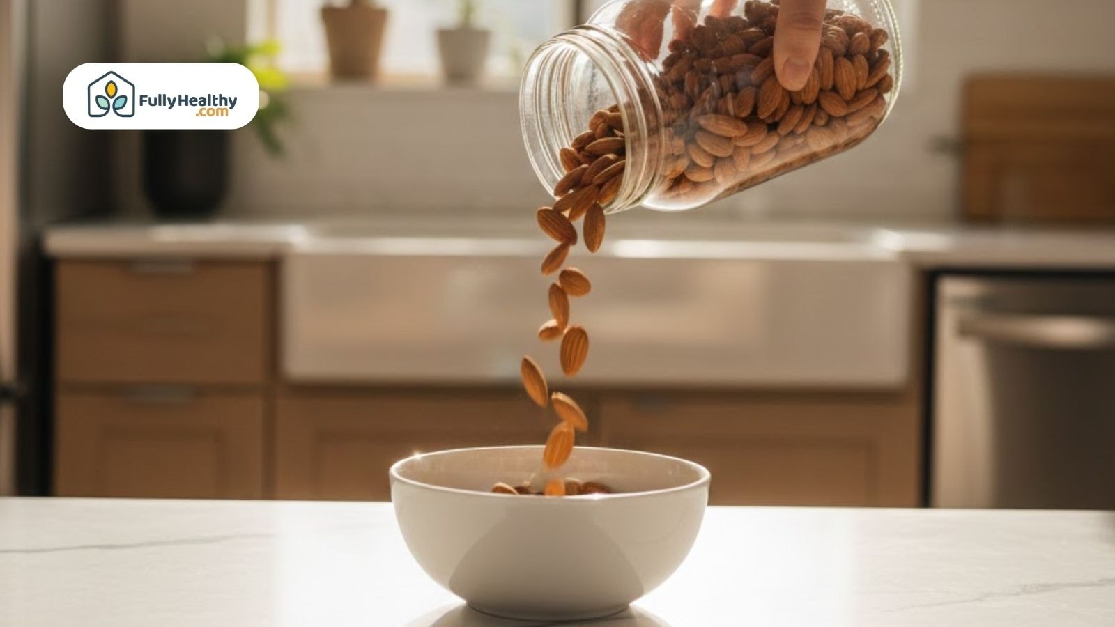 Almonds being poured from a glass jar into a bowl.