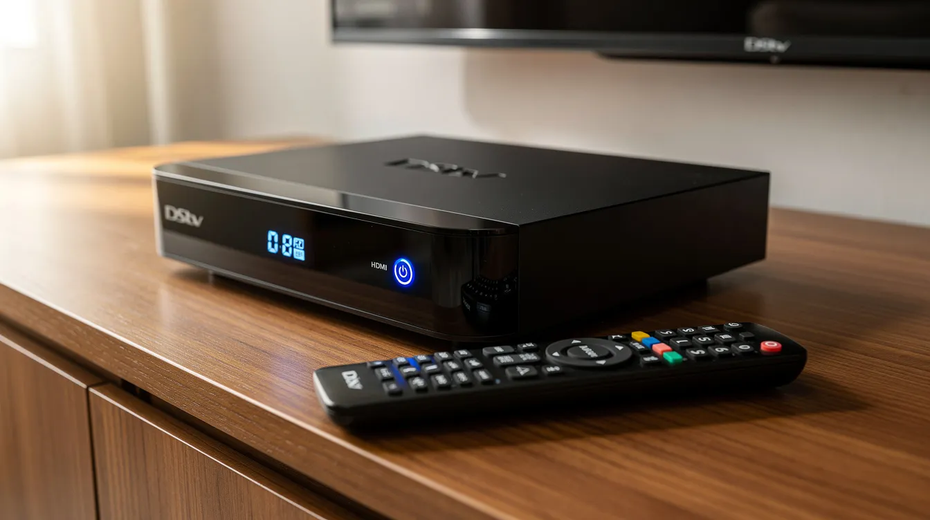 A close-up image shows a DStv decoder and its remote control placed on a wooden entertainment unit, emphasizing the sleek design of the equipment. This setup is essential for enjoying high-quality viewing experiences, highlighting the importance of professional DStv installation services for optimal reception.