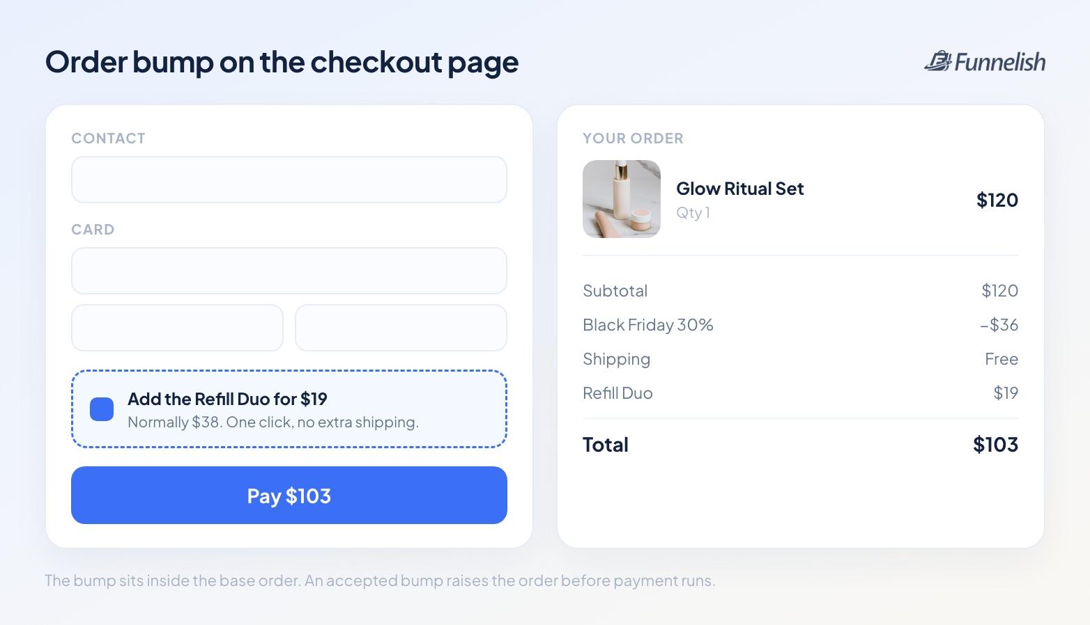 Checkout page with contact and card fields, an order bump offering a refill duo for $19, and an order summary totalling $103