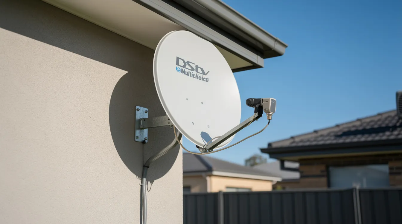 The image shows a completed DStv satellite dish installation mounted securely on a wall, with a clear blue sky in the background, indicating optimal signal reception. The dish is correctly aligned, ready to connect to the DStv decoder for uninterrupted viewing.