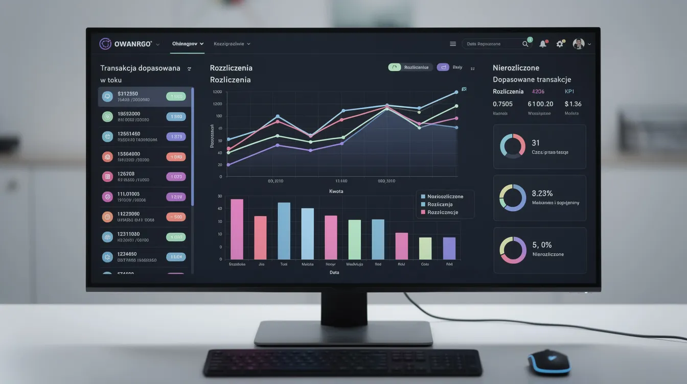 Nowoczesny dashboard finansowy na monitorze prezentuje wykresy rozliczeń oraz dopasowanych transakcji, umożliwiając efektywne zarządzanie finansami firmy w czasie rzeczywistym. System pozwala na automatyczne rozliczanie należności oraz monitorowanie stanu płatności, co zwiększa płynność finansową i oszczędność czasu.