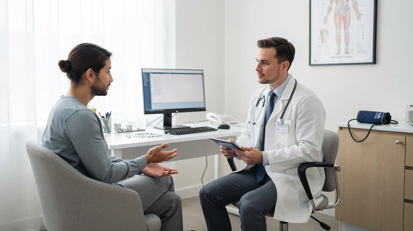 A board-certified plastic surgeon consults with a patient in a modern medical office about body contouring options, including arm liposuction and arm lift surgery, to address concerns such as excess skin and stubborn fat deposits in the upper arm area. The discussion focuses on creating a personalized treatment plan to achieve toned arms and enhance overall body contours.