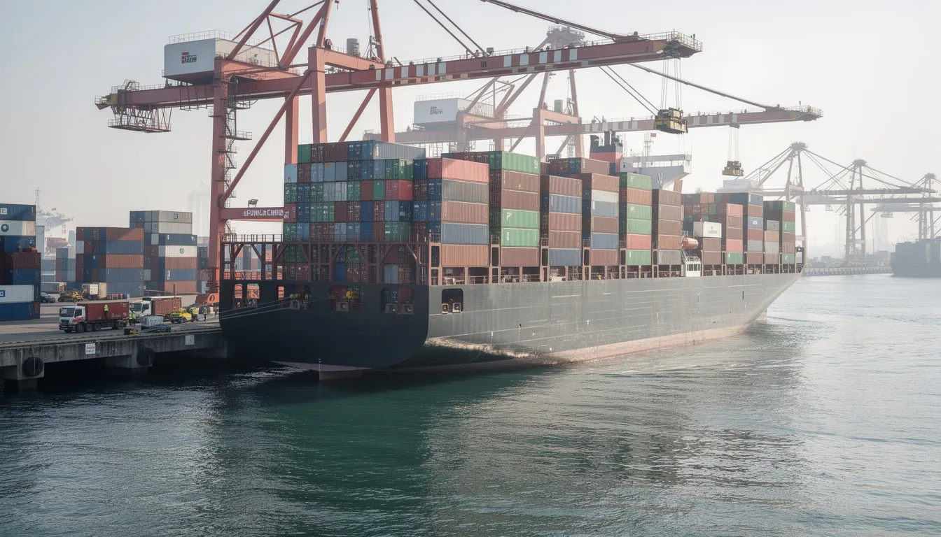 A large cargo ship, filled with colorful shipping containers, is docked at a bustling port, illustrating the vital role of international moving services in global trade and relocation. The scene reflects a busy atmosphere, with cranes and workers facilitating the shipping process, ensuring a smooth transition for goods and personal belongings.