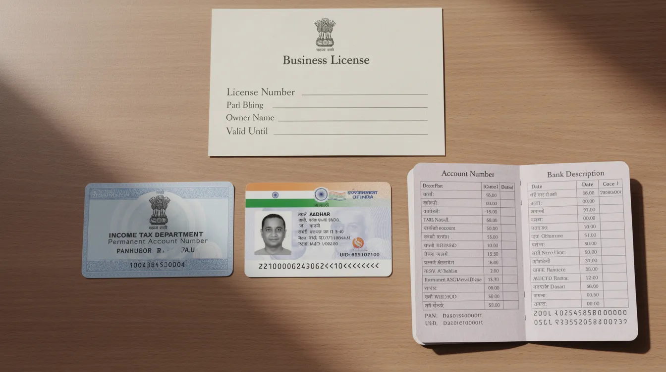 655a6169 4fc5 4cec bf8b 9a3b69aac412 The image shows a neatly arranged collection of important documents, including an Aadhaar card, PAN card, bank passbook, and business license, all placed on a wooden desk, signifying the essential paperwork for financial assistance and eligibility criteria for loans. This setup reflects the organization needed for individuals or business enterprises seeking to apply for mudra loans or other funding options.
