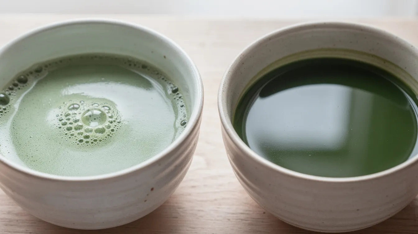 Dwie miseczki przedstawiające lekką usucha i gęstszą koicha