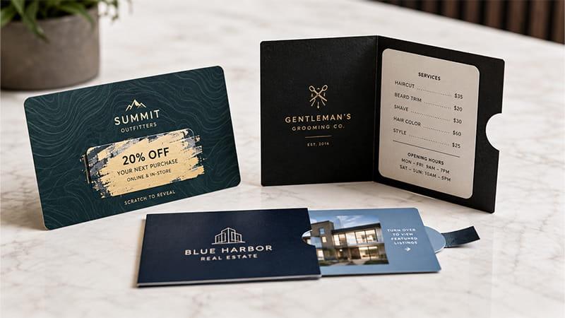 Interactive business cards with scratch-off offers, fold-out sections, and sliding designs