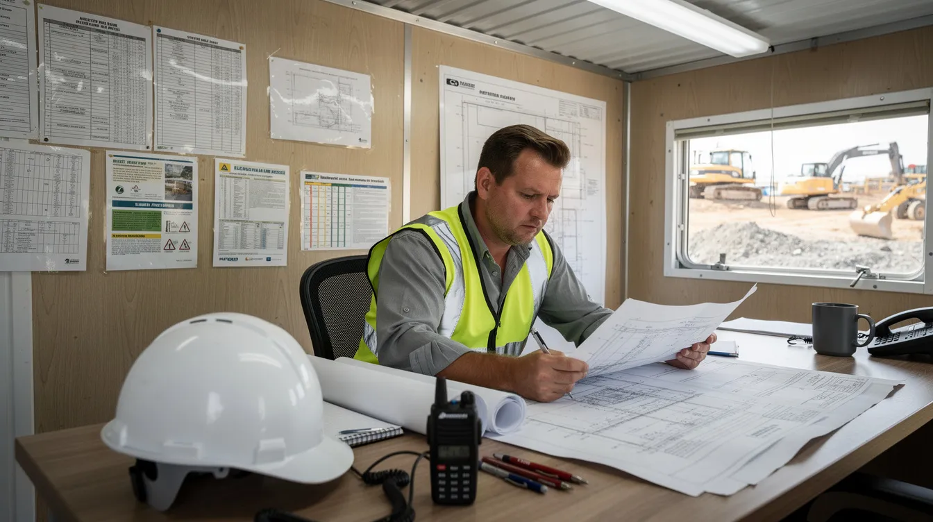 A construction superintendent sits in a jobsite trailer reviewing paperwork beside a hard hat and radio, illustrating schedule and documentation decisions on an active project.