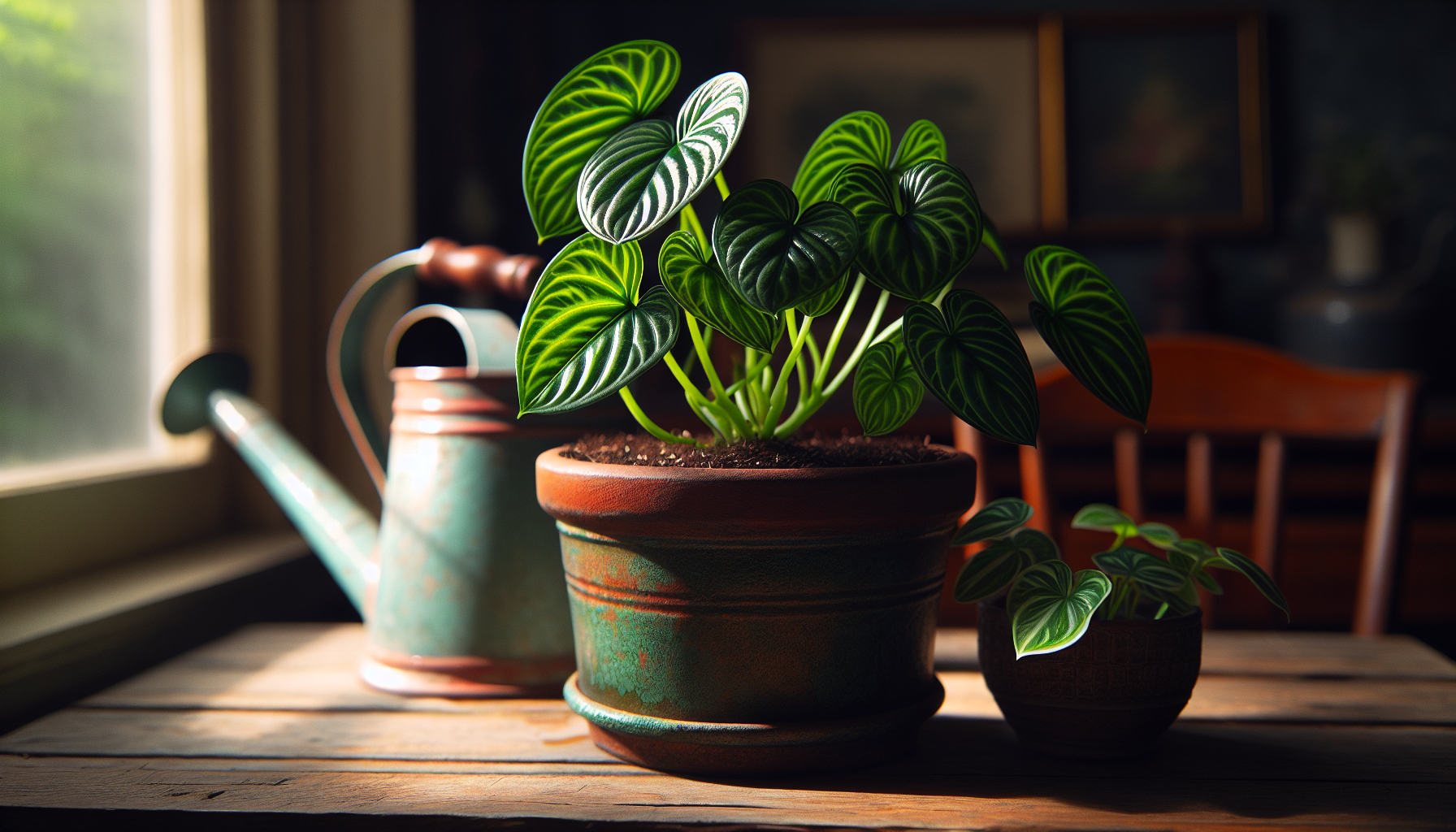 Illustration of well-draining potting mix and a watering can for money plants