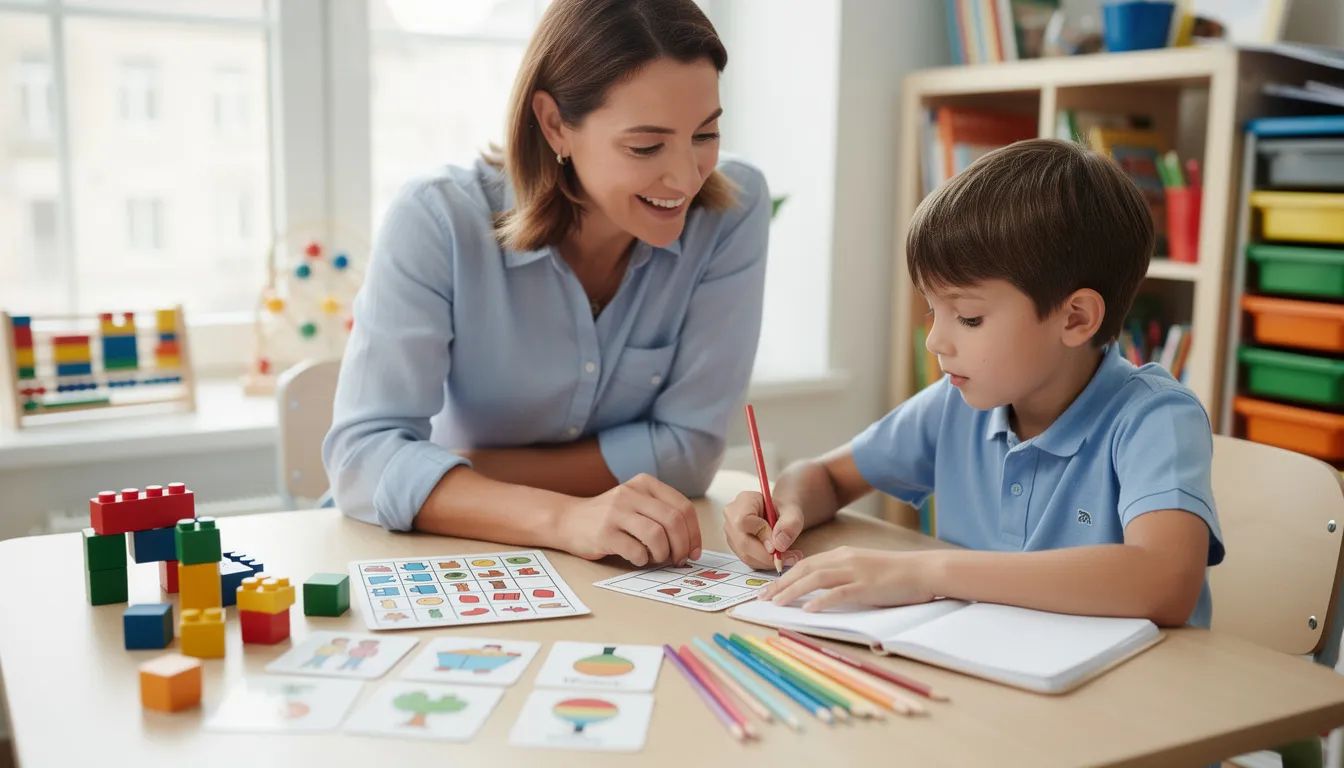 Nauczyciel pracujący indywidualnie z uczniem przy biurku, otoczony kolorowymi pomocami dydaktycznymi, prowadzi zajęcia edukacyjne dostosowane do specjalnych potrzeb ucznia. Wspiera rozwój poznawczy i umiejętności życiowe osób z niepełnosprawnością intelektualną, zapewniając stałe wsparcie w procesie rewalidacji.