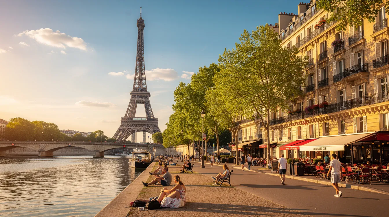 A imagem retrata uma bela vista de Paris no verão, com seus icônicos monumentos e a luz do sol refletindo nos canais, criando uma atmosfera vibrante e acolhedora. A cidade, conhecida por sua rica cultura e qualidade de vida, é um destino imperdível para milhões de visitantes todos os anos.
