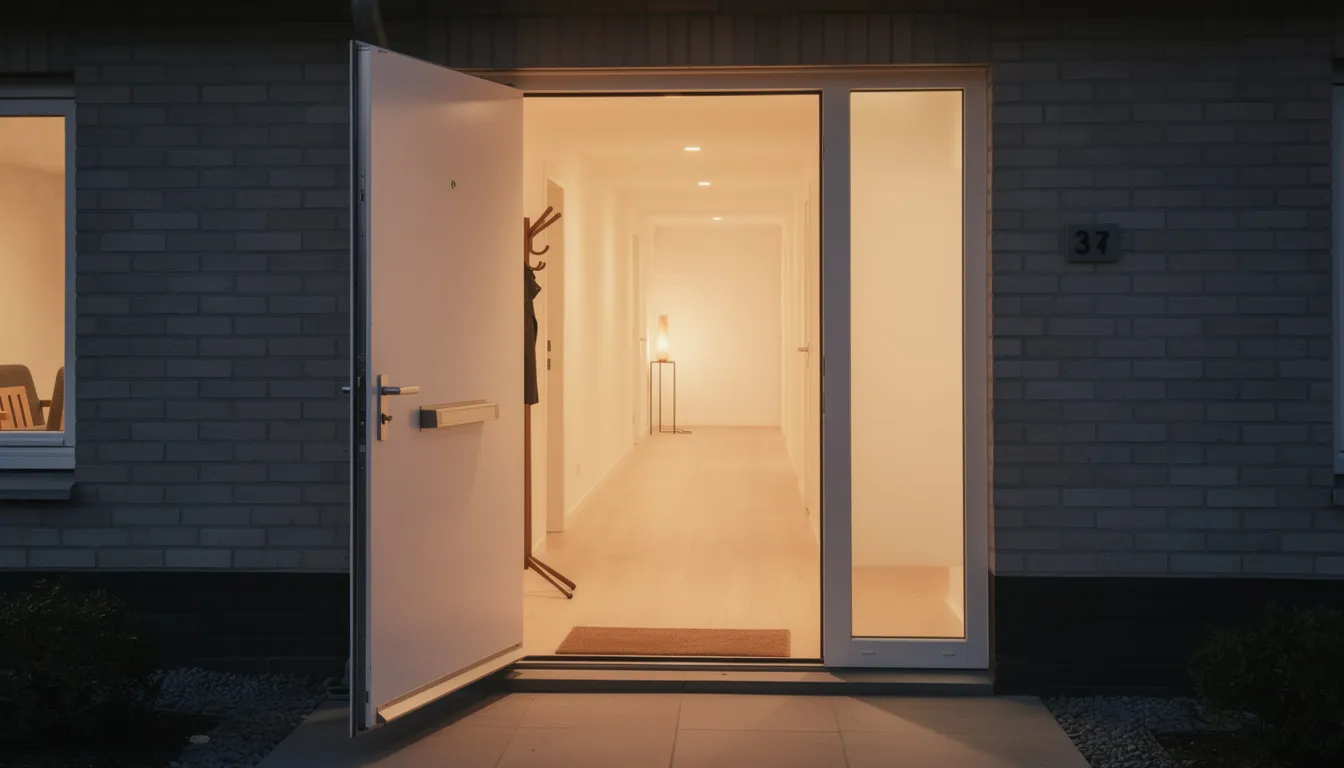 De uitnodigende voordeur van een huis leidt naar een schone hal die warm verlicht is, wat een gevoel van welzijn en structuur biedt voor de gezinsleden. Dit opgeruimde huis nodigt uit tot een georganiseerde routine van huishoudelijke taken, waardoor iedereen duidelijk weet wat er moet gebeuren in de komende dagen.