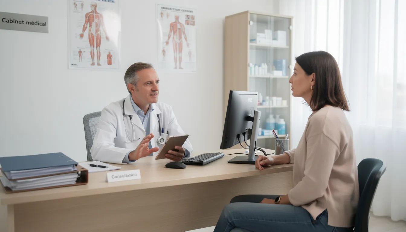 Une femme discute avec un médecin dans un cabinet médical, abordant des questions relatives à son cycle menstruel, notamment les cycles menstruels longs et les règles irrégulières. L'atmosphère est professionnelle et attentive, reflétant l'importance de la santé reproductive.