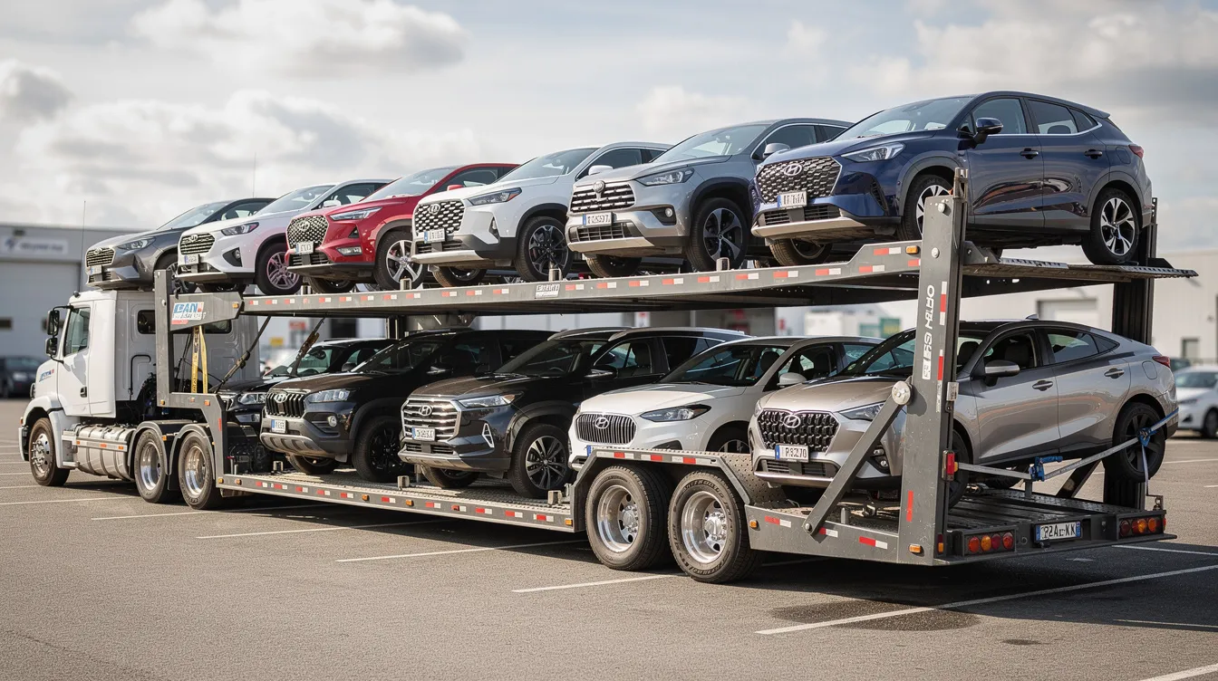 An open car carrier trailer is loaded with a variety of sedans and SUVs, showcasing the diverse options available for auto transport services in Missouri. This image highlights the efficiency of vehicle shipping, particularly for those looking to transport their cars safely and reliably.