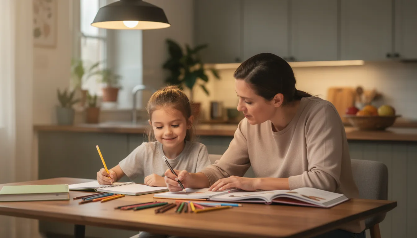 A parent is sitting at a kitchen table, helping their child with homework, surrounded by books and school supplies. This scene emphasizes the importance of family support in a child's secondary education and highlights the shared parental benefit of nurturing children's academic growth.