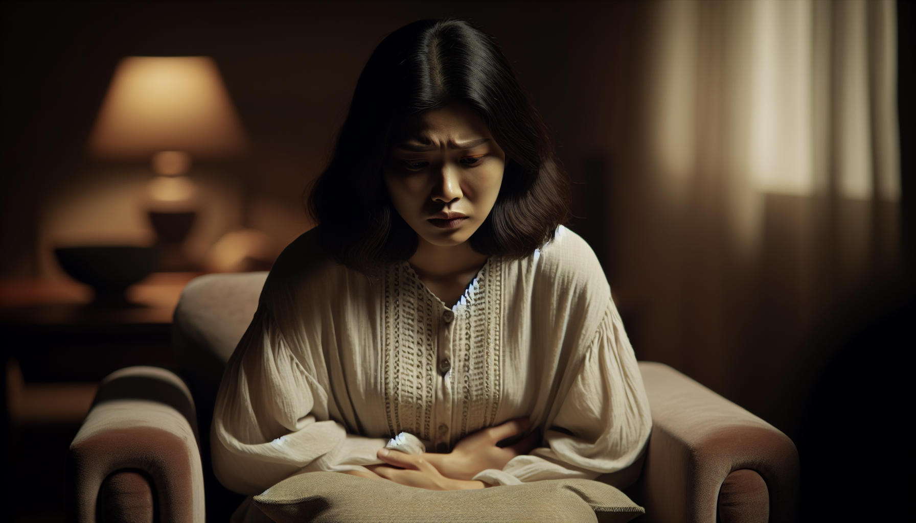 Woman experiencing abdominal discomfort and bloating