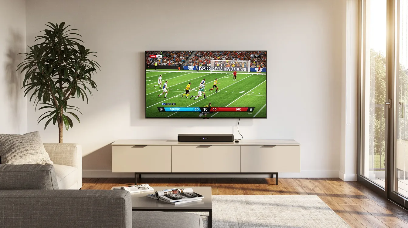 The image features a modern living room with a large flat-screen television showcasing a vibrant sports broadcast, with a streaming device prominently placed on the media console. This setup exemplifies the convenience of IPTV services, offering access to live sports channels and premium entertainment options.