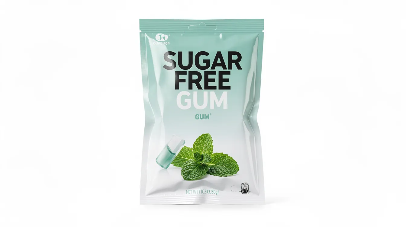 The image shows a package of sugar-free chewing gum, highlighting its use of xylitol, a sugar substitute known for its dental health benefits, as it helps prevent tooth decay and is lower in calories compared to regular sugar. The packaging emphasizes its appeal to those seeking sugar-free foods, including individuals with diabetes.