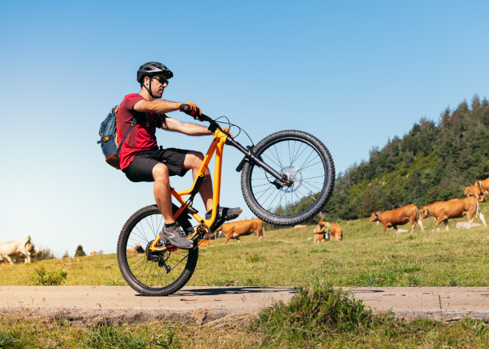 A rider wearing essential safety gear while performing a wheelie on a mountain bike" with the keyword "how to wheelie a mountain bike" included.