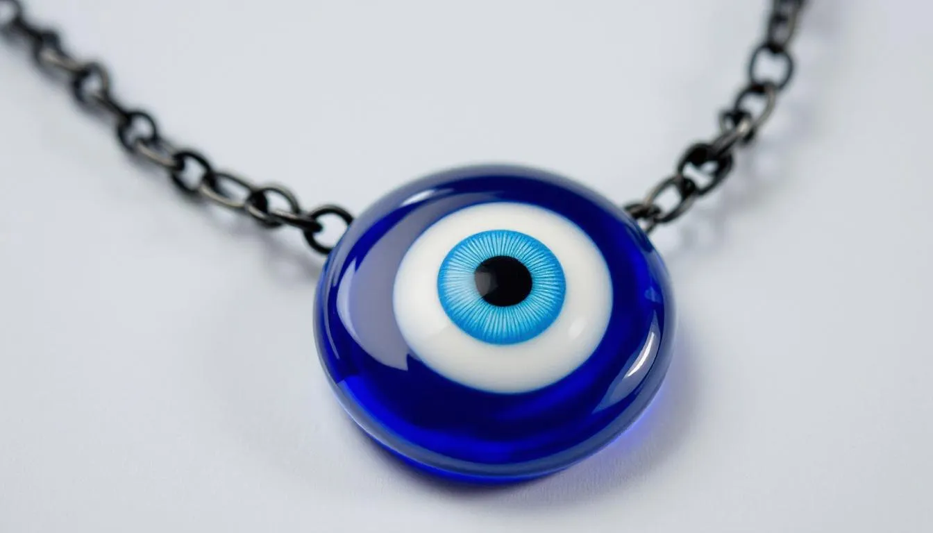 The image features a close-up of a beautiful evil eye bracelet, showcasing its intricate eye-like design in rose gold and silver tones. This treasured piece of jewellery symbolizes protection and is believed to ward off negative energy, making it a perfect accessory for women seeking both style and security.