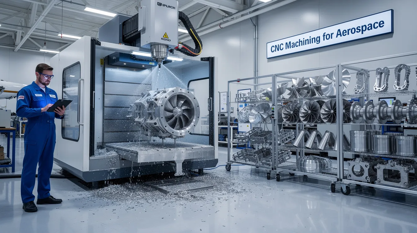 The image showcases a high-tech CNC machining setup specifically designed for the aerospace industry, featuring computer-controlled machines that produce complex aerospace components with tight tolerances. It highlights various aerospace machining processes, including 5-axis CNC machining, used to create critical engine parts and structural components from advanced materials like titanium and aluminum alloys.