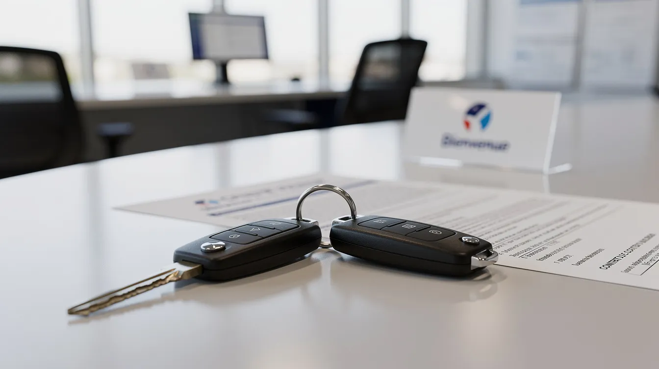 Des clés de voiture sont posées sur un comptoir d'agence de location automobile, illustrant le service de location de véhicules. Cette image évoque la gestion des clés de voiture, essentielle en cas de perte ou de vol lors de la location.