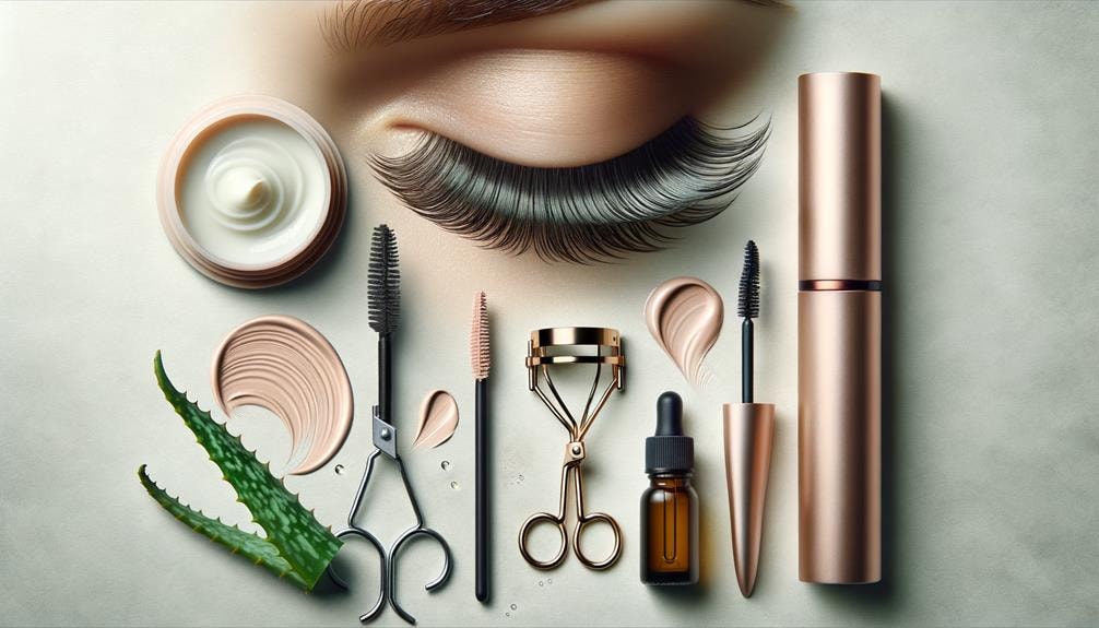 "Close-up image of a woman's healthy, thick eyelashes, a mascara wand, eyelash curler, and natural eyelash care products arranged aesthetically on a clean, light background.