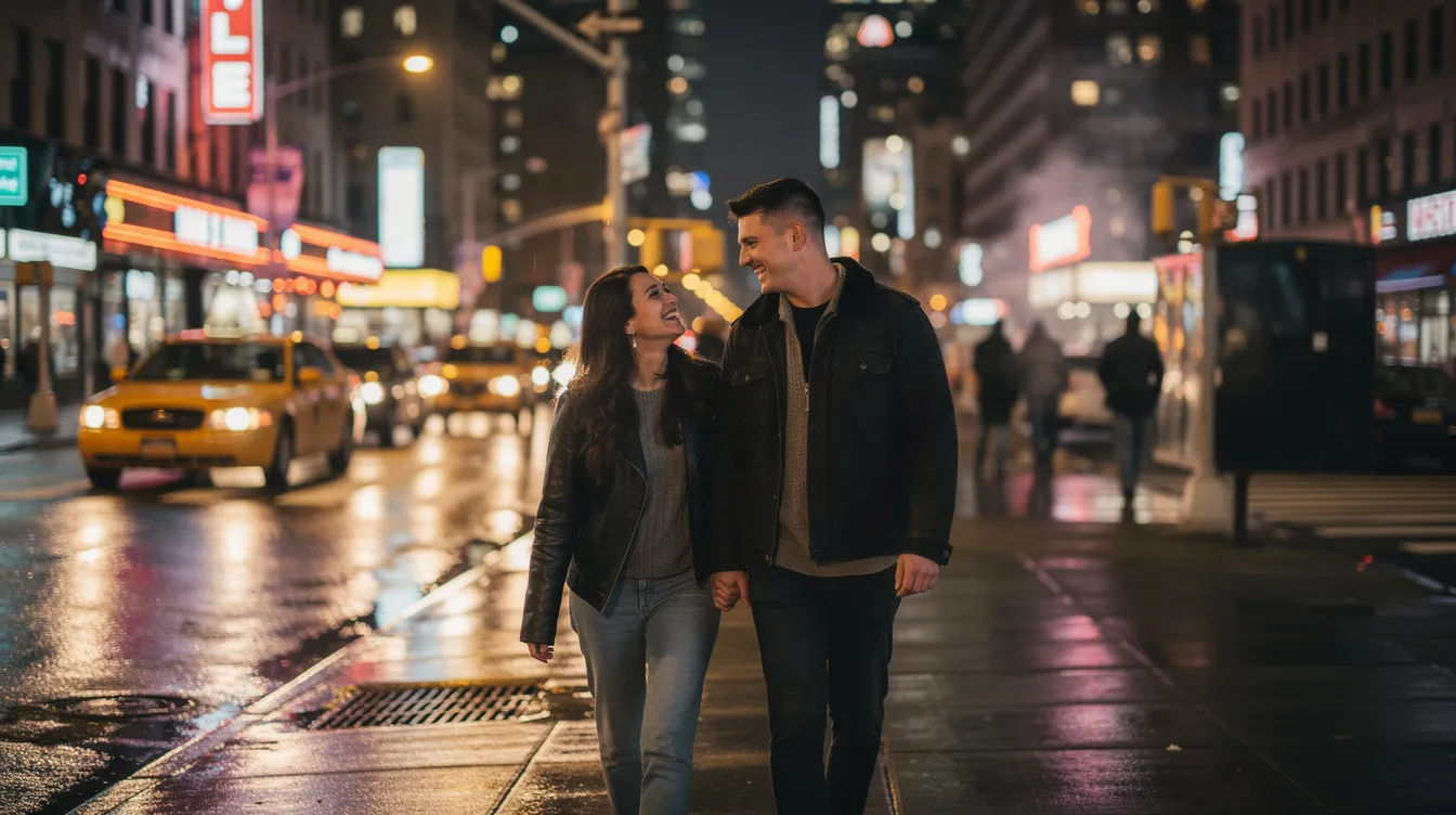 A couple enjoys a romantic date in New York City, sitting close together at a cozy outdoor café with the iconic skyline in the background. They share thoughtful conversations, embodying the essence of real-life connections often sought through popular dating apps and online dating platforms.