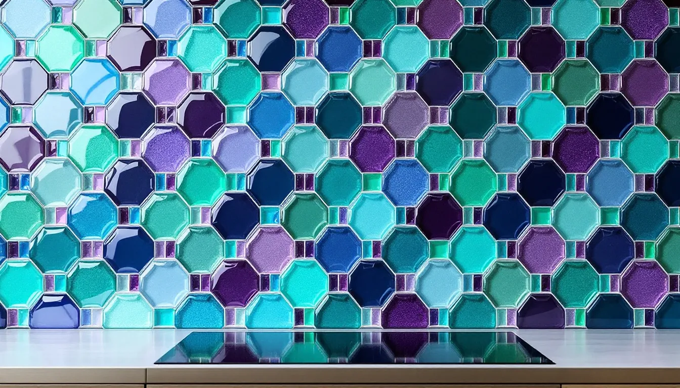 Colorful glass tiles used in a decorative backsplash.