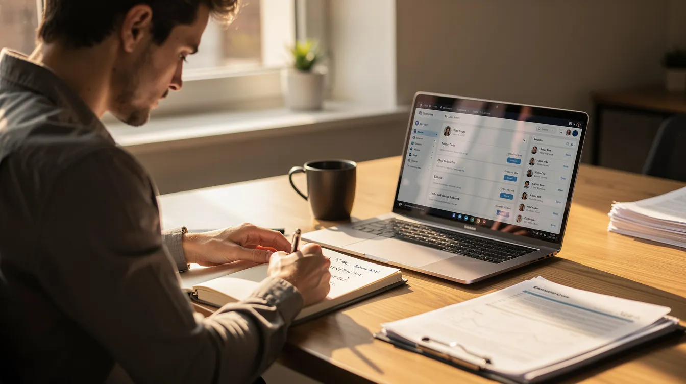 A person is seated at a desk, reviewing notes while preparing for cold email outreach, with their laptop open displaying customer data and cold email templates. The scene conveys a focused atmosphere as they strategize on effective subject lines and value propositions to engage their target audience.