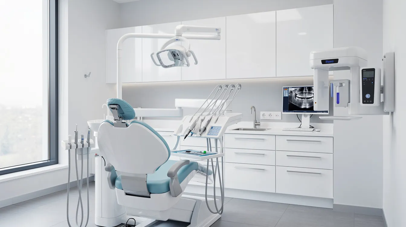 The image depicts a modern dental clinic interior featuring a clean treatment room equipped with advanced imaging technology, emphasizing a focus on high-quality dental implants and oral health. This inviting space reflects a commitment to providing detailed treatment plans and consultations for patients seeking solutions for missing teeth.