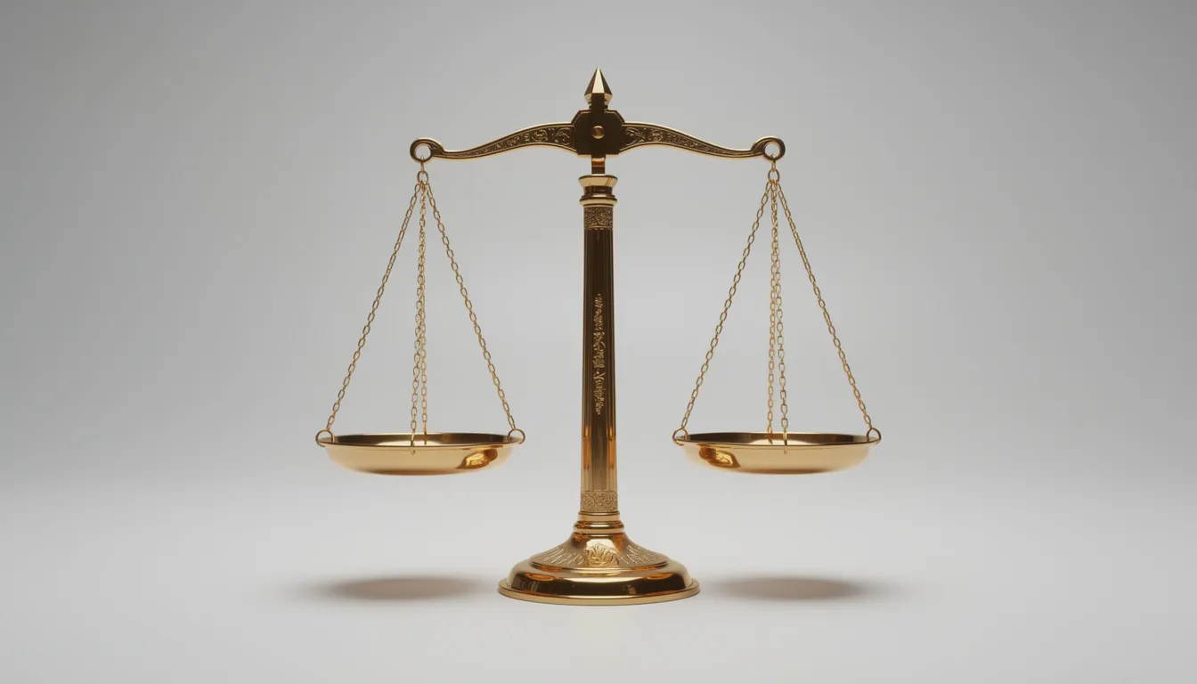 L'image montre une balance de la justice parfaitement équilibrée, symbolisant l'équité et l'impartialité. Le fond neutre met en valeur cet emblème de la justice, qui est essentiel dans les procédures de recouvrement de créances et d'injonction de payer.