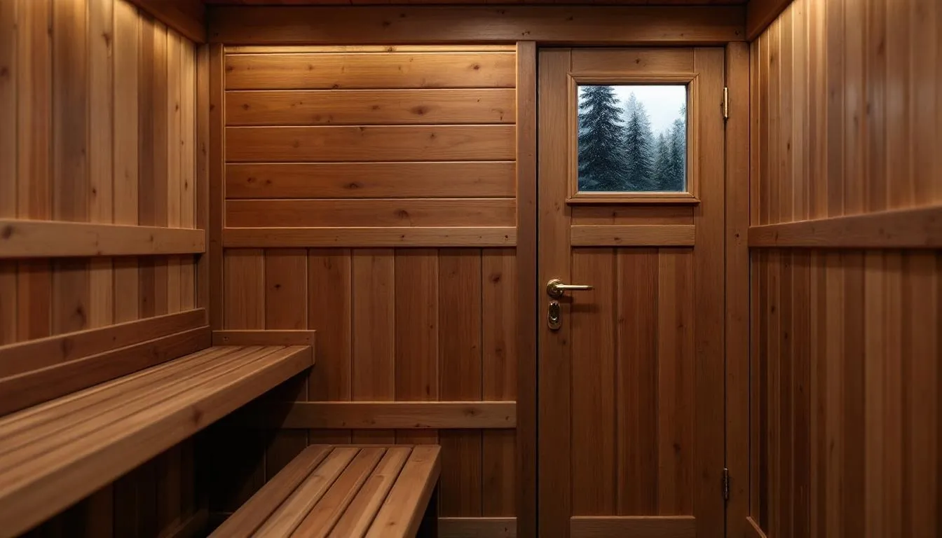 The image showcases a premium sauna construction, highlighting intricate wood joinery and assembly techniques. This detailed craftsmanship is essential for creating a high-quality sauna experience, whether it be a traditional Finnish sauna or an infrared sauna, ensuring durability and aesthetic appeal.