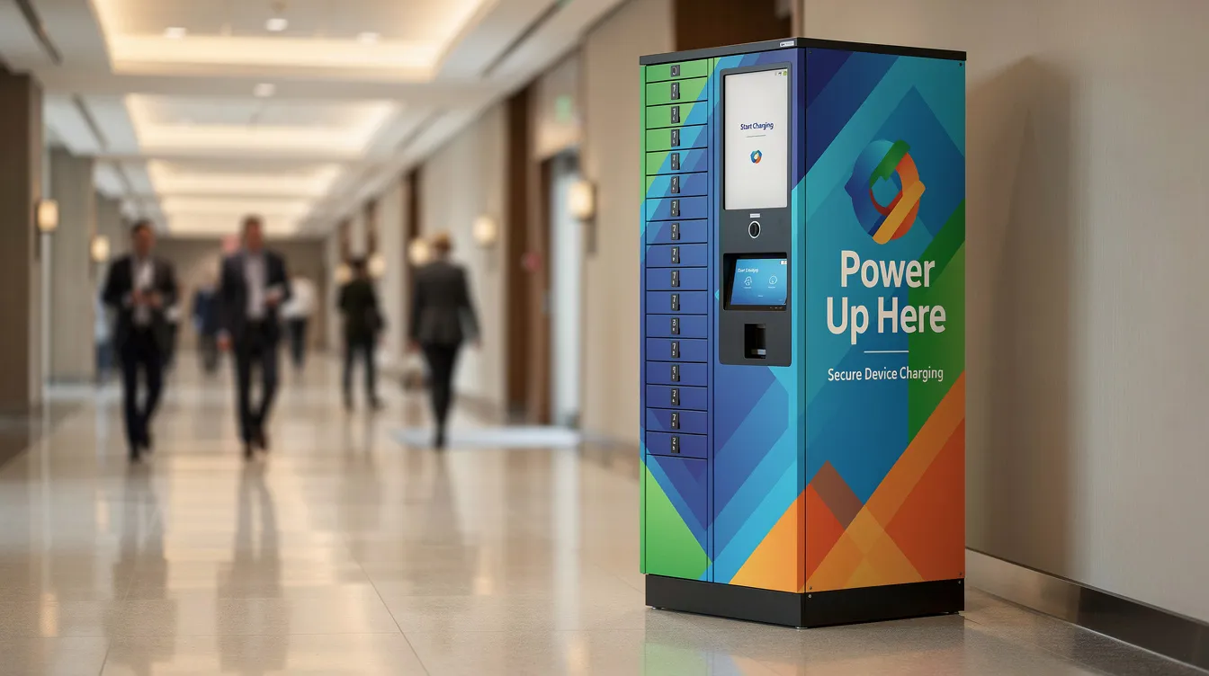 The image depicts a colorful branded smart charging locker unit placed in a bustling conference hallway, where event attendees are walking past. This charging station provides a secure solution for mobile devices, enhancing attendee experience while generating brand visibility and engagement during the event.