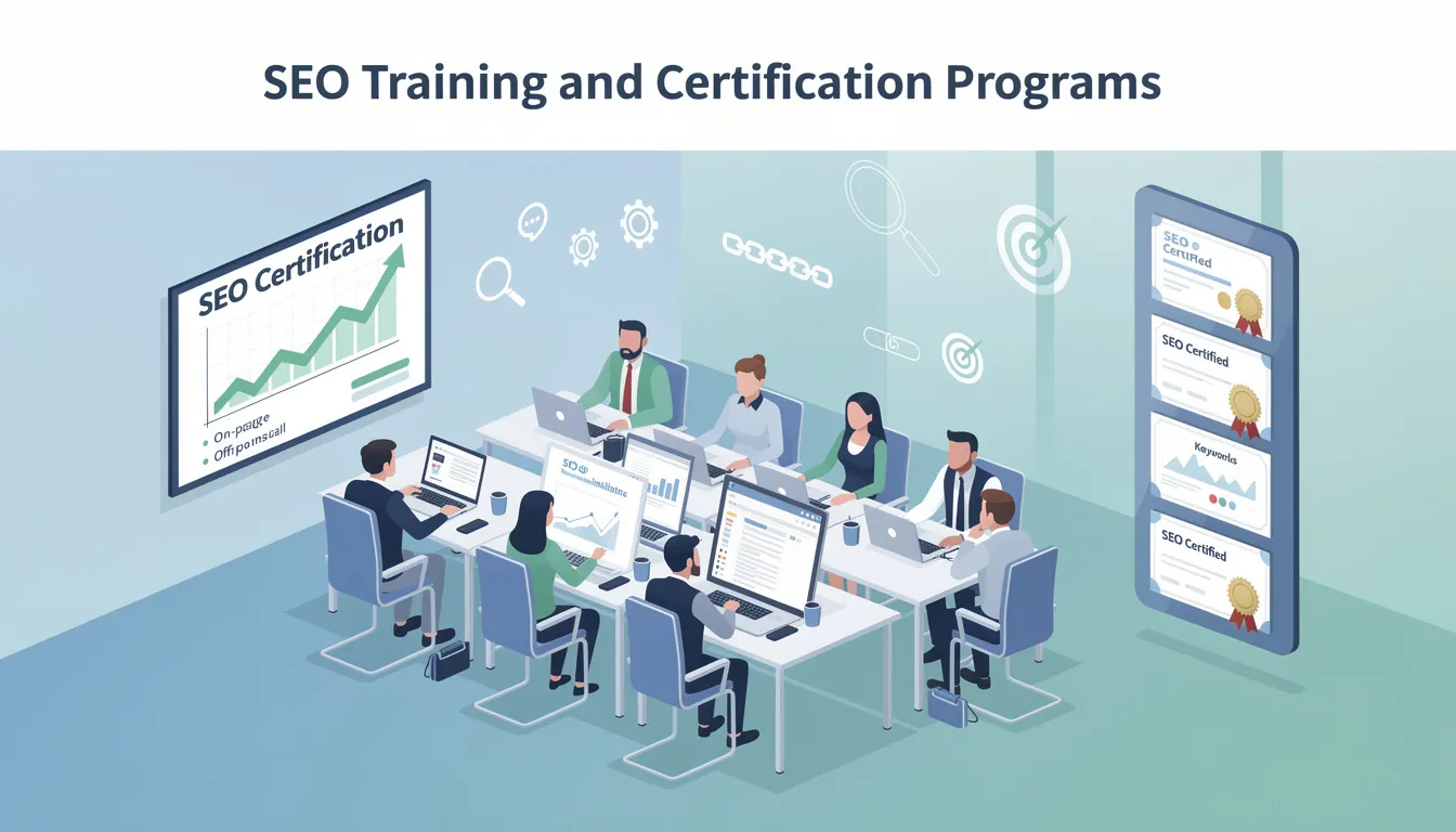 The image depicts a professional setting where individuals are engaged in an SEO training session, focusing on search engine optimization strategies and techniques. Participants are learning about keyword research, Google Analytics, and how to improve search rankings to drive organic traffic to websites.