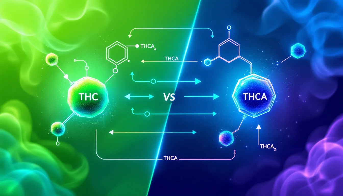 A visual comparison of THC and THCA highlighting their key differences.